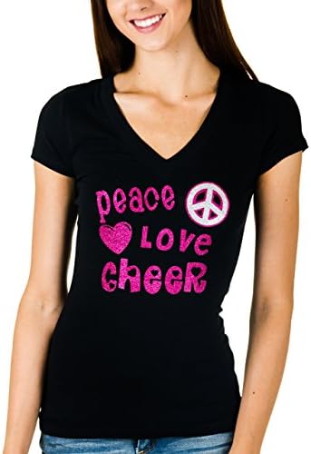 Activewear Apparel Juniors 'Peace Love Cheer' Glitter V-neck T-shirt (Large, Black)