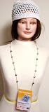 Ivory and Amber Beads Long Chain Necklace for Dual Use As Eye Glass Holder and Vertical Id Card Holder for Women Offered in Combination with Hand Crocheted White Rayon Cotton Gimp Skull Cap