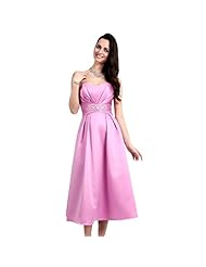 A-line Strapless Satin Lace-Up Beaded Pleated Sequined Tea Length Bridesmaid Dress/Prom Dress/Wedding Party Dress 
