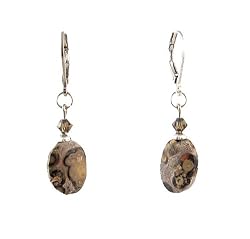 Earrings - E342 - Genuine Leopard Skin Jasper Gemstone and Swarovski (tm) Crystal Beads ~ Oval