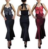 50s Retro Burlesque Polkadot Satin Fishtail Halter Neck Pin Up Dress Black or Red Sizes 8-18