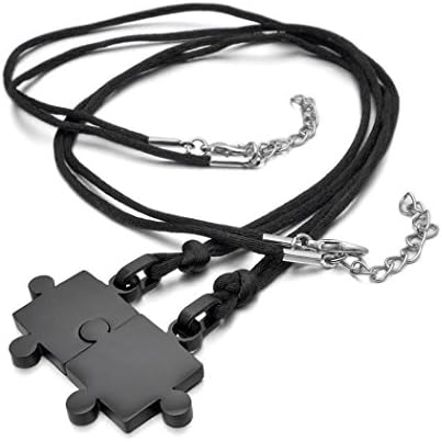 Men,Women's Couple's Stainless Steel Pendant Necklace Silver Jigsaw Puzzle Valentine (Black)