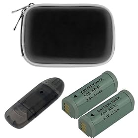 GTMax 2x Replacement NB-9L Battery + Black Camera Zipper Pouch Case + USB Memory Card Reader for Canon PowerShot ELPH 510 HS Digital Cameras