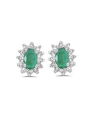 Birthstone Company 14k White Gold Oval Emerald And Diamond Earrings