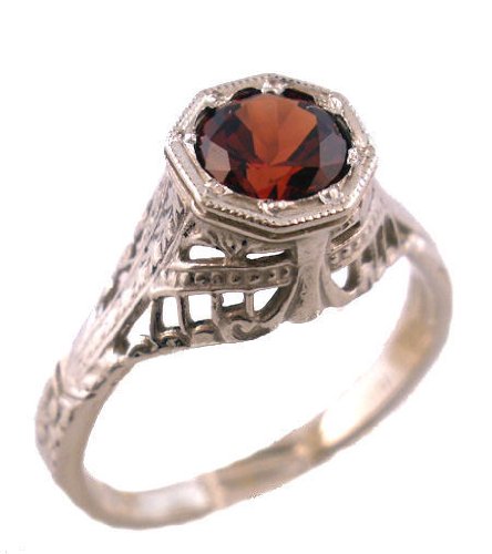 18k White Gold Vintage Style Filigree .85ct Mozambique Garnet Ring, Sz 6