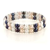 White, Pink and Black Freshwater Cultured Pearl Two-Row Stretch Bracelet with Sterling Silver Beads, (6.5-7mm)