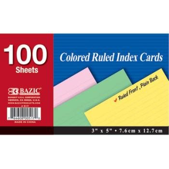 BAZIC Ruled Colored Index Card, 3 x 5 Inch, 100 Count 