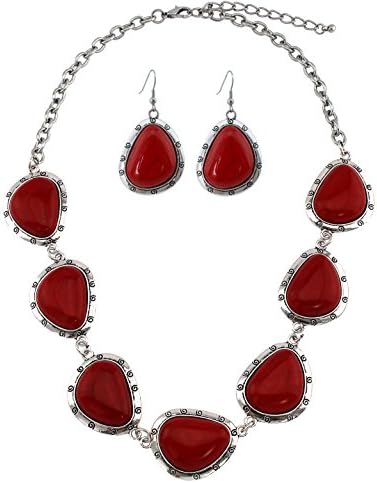 Triangular Red Stone Cabochon Set Link Necklace With Matching Earrings