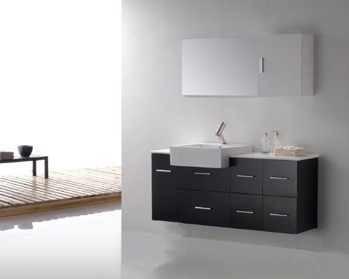 Virtu USA UM-3055 Hazel 57-Inch Wall-Mounted Single Sink Bathroom Vanity with White Stone Countertop, Mirror and Medicine Cabinet, Black Finish Virtu USA UM-3055 Hazel 57-Inch Wall-Mounted Single Sink Bathroom Vanity with White Stone Countertop, Mirror and Medicine Cabinet, Black Finish