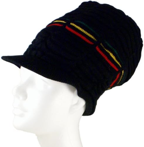SSK® Rasta Dread Knit Tam Hat - "Dreadlocks Cap" (Medium Length Red/Yellow/Green Stripe, with Brim)