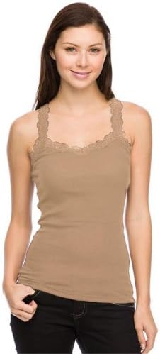 Women's Lace Trim 100% Cotton Ribbed Racerback Tank Top LIGHT MOCHA S