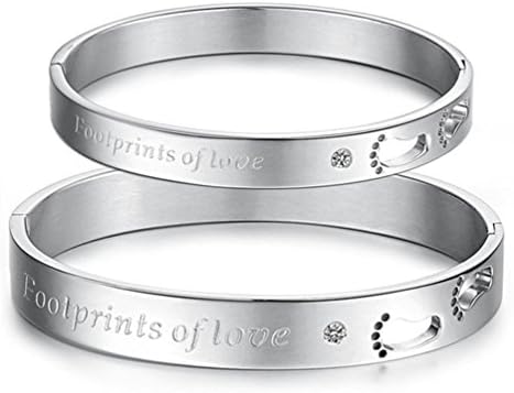 Tingem His or Hers Cute Footprints of Love with Zircon Titanium Couple Bangle Bracelet