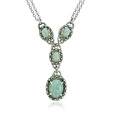 Sterling Silver Marcasite & Jade Oval Double Chain Necklace, 16