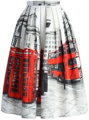 Women's Bus A-Line Print Skirt Skater Pleated Full Midi Skirt Red Large