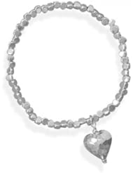 MMA Silver - Silver Bead Stretch Bracelet with Hammered Heart Charm