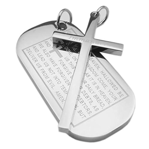 KONOV 2pcs Mens Stainless Steel Cross English Lord Prayer Dog Tag Pendant Necklace, 18 & 22 inch Chain