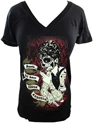 Rockabilly Pinup Martini & Sugar Skull Lady Tattoo Art V Neck Tee (2XL, Black)