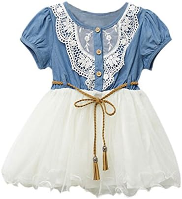 JZN Baby Girls Child Short Sleeve Lace Skirt Party Kids Summer Denim Jeans Dress 4-5 Years
