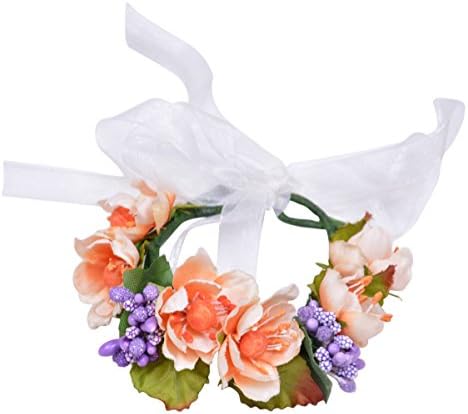 Womens Flower Wreath Beach Festival Wedding Floral Bracelet Wrist Band (Orange)
