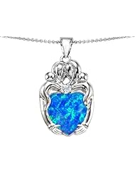 Original Star K (tm) Large Loving Mother Twins Family Pendant With 12mm Heart Shape Simulated Blue Opal in 925 Sterling Silver