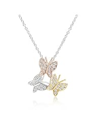 Kate Bissett CZ Tri-Tone Butterfly Pendant with Round Cut Clear Cubic Zirconia Set On Each Butterfly Complete With 18 Inch Chain in Silvertone