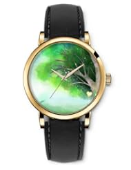 SPRAWL Aanalog Fashion Series Gold Ladies Watches of Genuine Black Leather Strap,Unique Wrist Watch for Women Girls Designed with Green Tree in the Snow