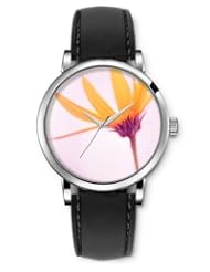 SPRAWL Aanalog Fashion Series Silver Ladies Watches of Genuine Black Leather Strap,Unique Wrist Watch for Women Girls Designed with yellow Flower