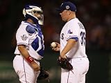 San Francisco Giants v Texas Rangers, Game 4: Bengie Molina,Tommy Hunter Photographic Poster Print by Elsa ., 12x16