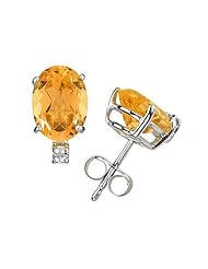 12X10mm Oval Citrine and Diamond Stud Earrings in 14K White Gold