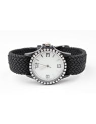 Geneva Ladies Watch with Rhinestone Face and Threaded Adjustable Band Black