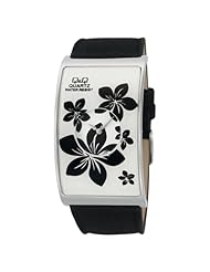Q and Q Women Large Case Analog Watch Flowers on Crystal & Dail Leather Band