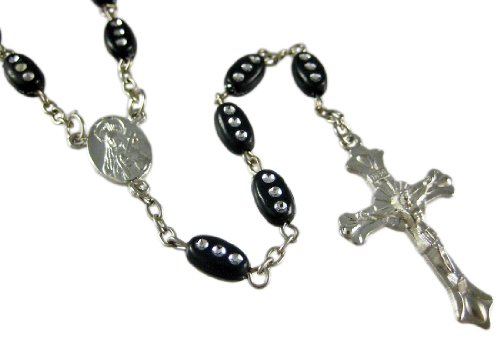 Rosary Necklace W/ Black Rhinestone Beads & Crucifix