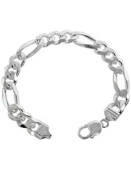 Sterling Silver Italian Figaro Chain Necklaces & Bracelets 10.7mm Heavy weight Beveled Edges Nickel Free, sizes 8 - 30 inch