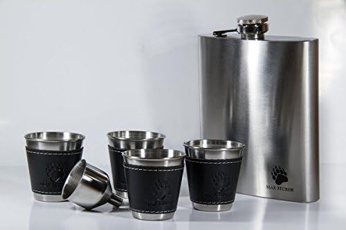 Hip Flask MaxHuber - Liquor flask with 4 shots and funnel - PREMIUM stainless steel - 18oz HIGH QUALITY ShotFlask - Best and Original HipFlask set for men - Enjoy YOUR drink in every situation (18oz)