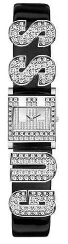 Guess Watch, Women's Crystal Logo Black Patent Leather Cuff Bracelet U12646l3