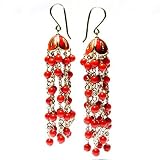 Diamond and Red Coral Bead Set in Water Fall Style Drop Earring with Enamel in Matching Colors on Fish Hook 18k Yellow Gold (T.w 1.00)