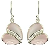Silver Ladies Pink Mother Of Pearl Heart With Cubic Zirconia Inset Drop Earrings