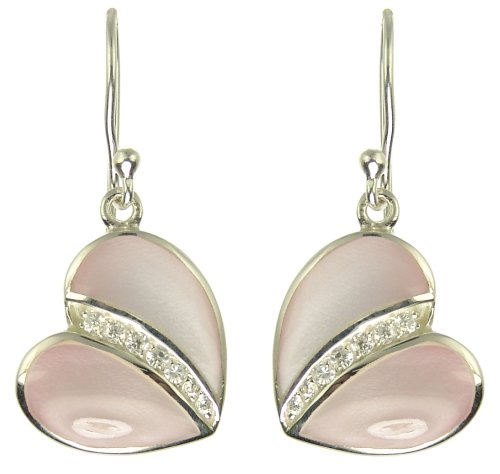 Silver Ladies Pink Mother Of Pearl Heart With Cubic Zirconia Inset Drop Earrings