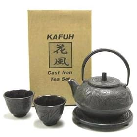 4 piece Cast Iron Tea Set w  Trivet Bamboo Design (Black) by Khafuh