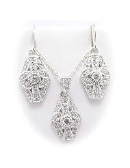 Sterling Silver CZ Pave Pendant Earrings Flat Cable Chain 18 inch