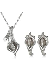 Sterling Silver and Diamond Calla Lily Earrings and Pendant Necklace Box Set (1/10 cttw, I-J Color, I2-I3 Clarity), 18"