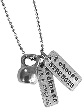 Medium Kettlebell with Weakness is a Choice &amp; I Choose Strength Charms on 18" Stainless Steel Bead Chain