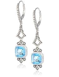 Badgley Mischka Fine Jewelry Cushion Cut Blue Topaz, White and Champagne Colored Diamonds Drop Earrings
