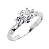 14K White Gold Round Three Stone CZ Cubic Zirconia Wedding Engagement Ring Band - Size 6.5