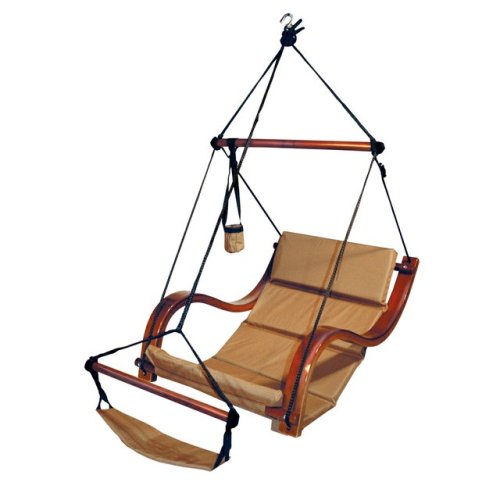 Tan Hammock Hanging Chair Porch/Patio Swing with Wooden Armrest