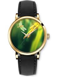 SPRAWL Aanalog Fashion Series Gold Ladies Watches of Genuine Black Leather Strap,Unique Wrist Watch for Women Girls Designed with Dragonfly and wheat