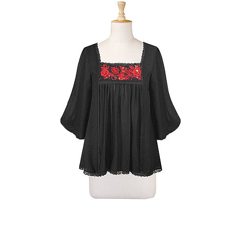 Lace Trim Sequined Yoke Top (Petite, Tall & Misses Sizes XS-3X)