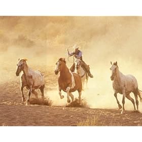 Cowboy Roping Horses Western Art Poster Print - 20" X 16"
