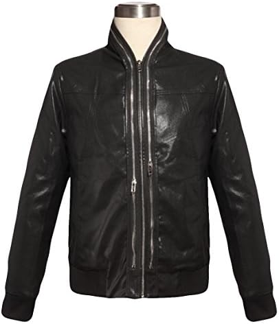 OULU Men's Fashion Winter Punk Full Zip Up Ribbed Moto Faux Leather Jacket L Black