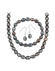 Sterling Silver, Black Cultured Freshwater Pearl Necklace Bracelet and Earring Set